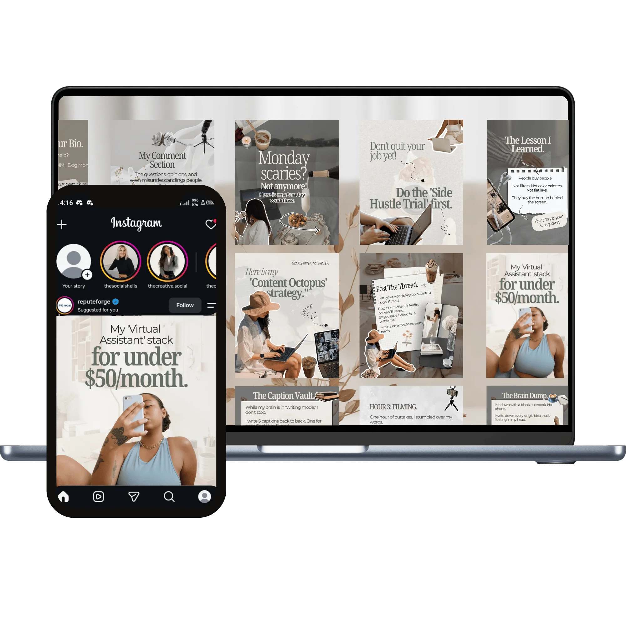 Laptop display and smartphone mockup showing customizable neutral-toned
Instagram social media post templates, carousels, and feed layouts.