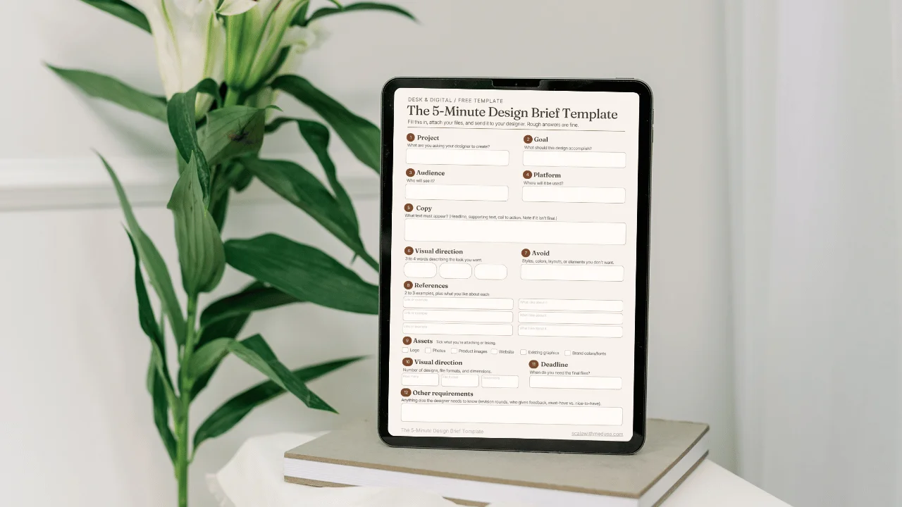 Digital tablet mockup standing on a book stack displaying The 5-Minute Design Brief Template next to a houseplant.