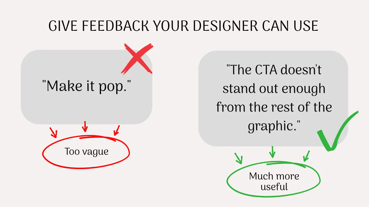 Infographic contrasting unhelpful feedback 'Make it pop' with constructive critique focused on Call to Action visibility.