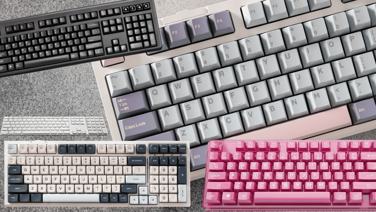 Collage of mechanical and customized computer keyboards featuring pastel pink, purple, black, and beige keycaps.