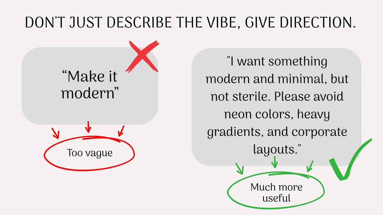 Diagram comparing vague design feedback like 'Make it modern' with specific, actionable stylistic instructions.