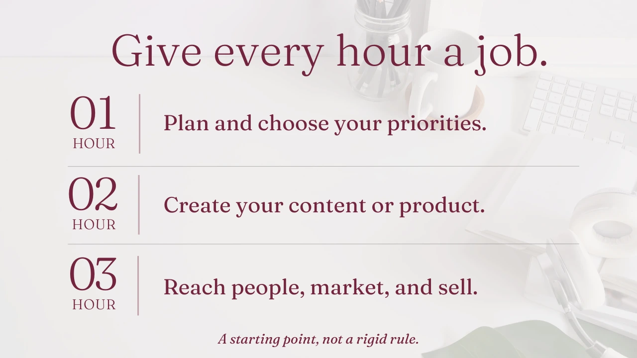 A structured infographic outlining a three-step daily time-blocking framework for creators.