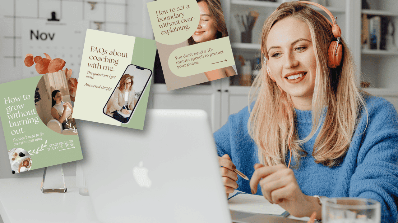 A smiling blonde woman in a blue sweater using a laptop, overlaid with digital graphics promoting content creation and coaching.