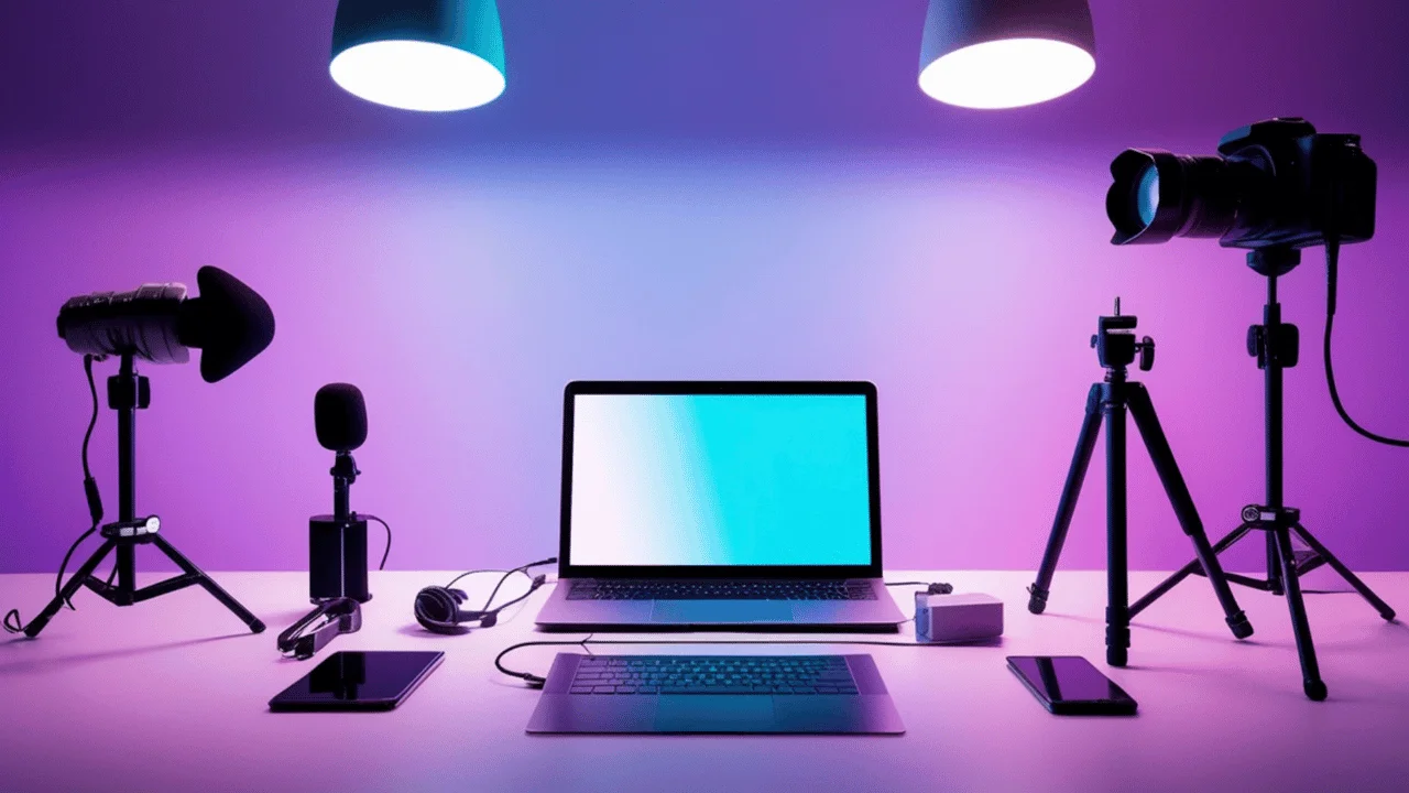 A modern content creation setup with a laptop, microphone, camera tripod, and purple-tinted ambient lighting.