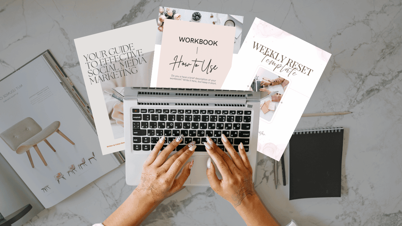 Overhead shot of hands typing on a laptop with digital mockups of various workbooks and templates floating above it.