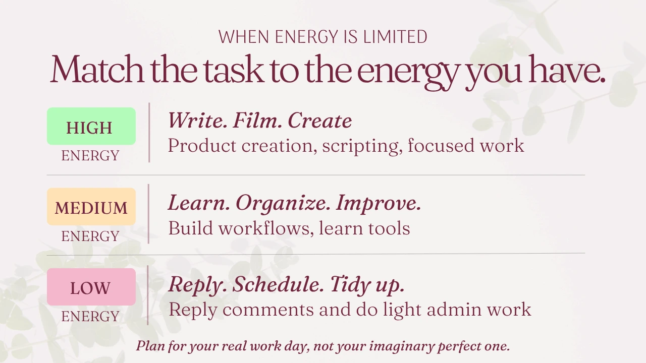 An informational graphic detailing how to match high, medium, and low energy tasks to daily capacity.