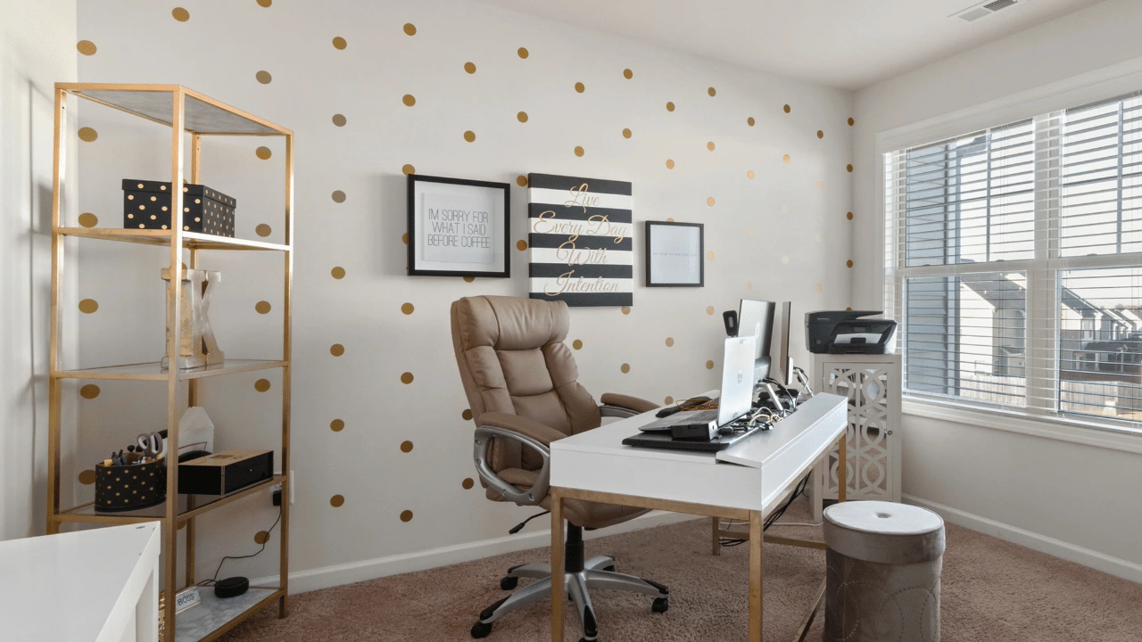 Bright home office space featuring a white desk, leather swivel chair, gold-accented shelving unit, and polka dot wall decor.