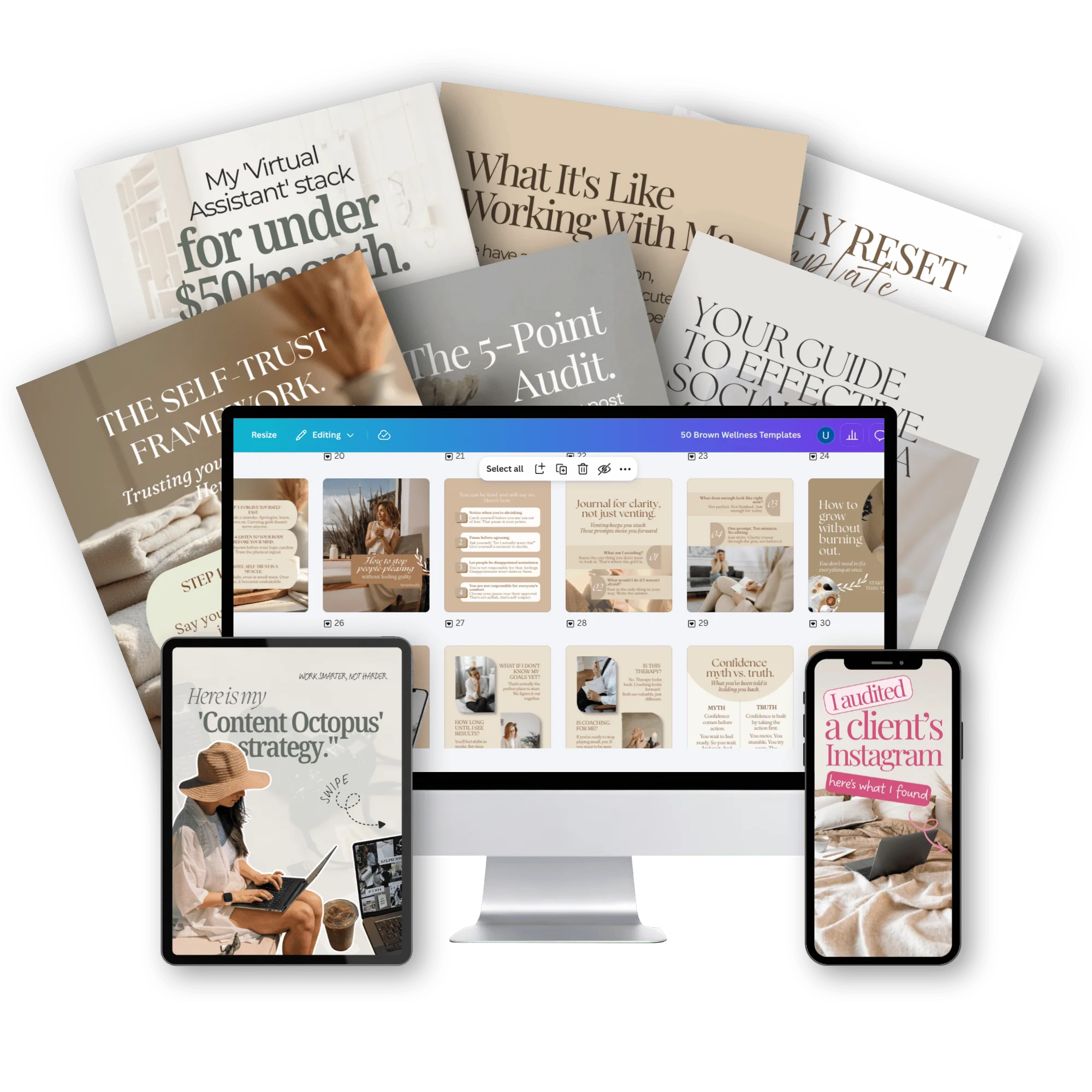 Desktop monitor, tablet, and smartphone screens displaying aesthetic brown and beige 
                        Canva social media templates alongside fan-out promotional graphics, ebooks and templates.