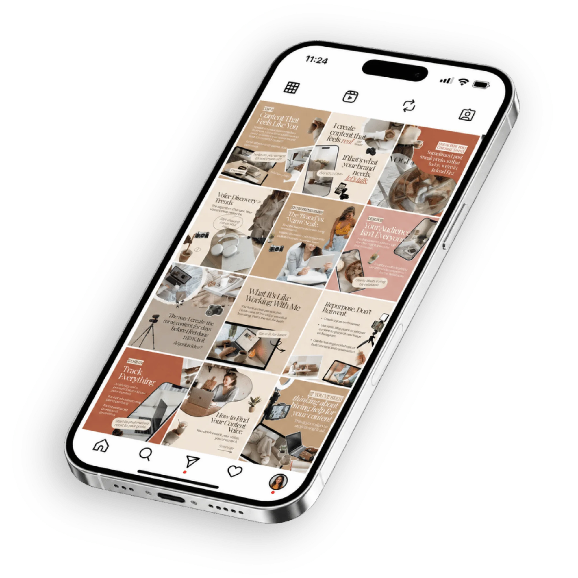 Smartphone mockup showing a cohesive Instagram grid feed with beige 
                        and warm brown Instagram posts for content creators.